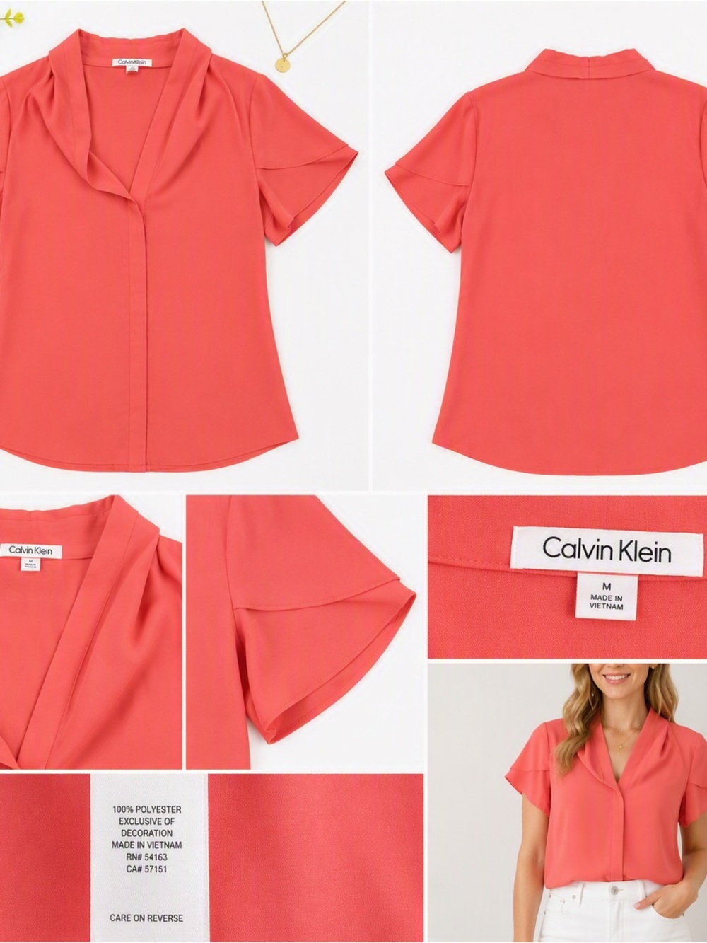 Calvin Klein Coral Draped Neck Short Sleeve Blouse Size M